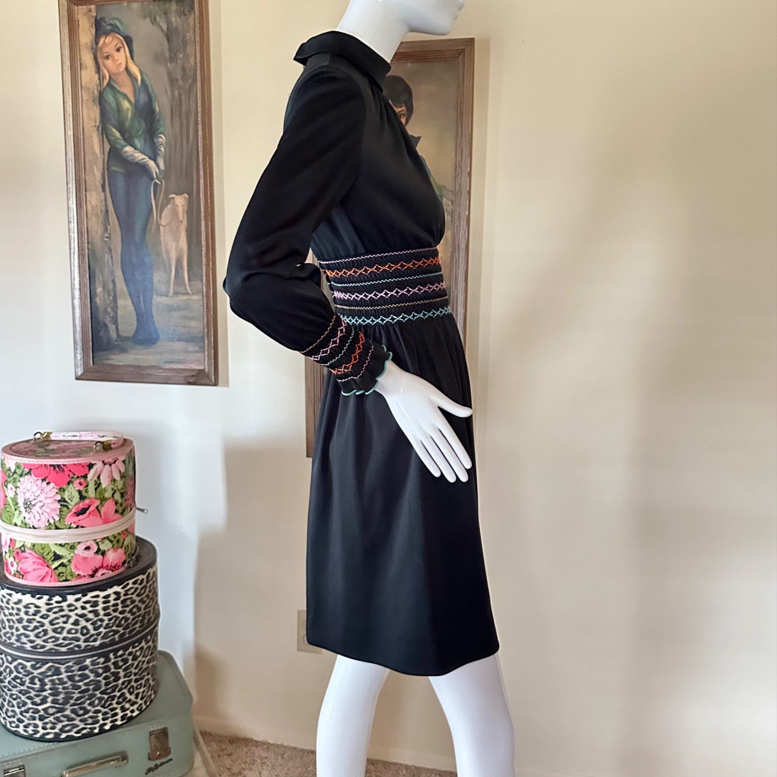 Vintage 1970s Mod Shady Lane Rainbow Smocked Waist Long Sleeve Mini Day Dress S