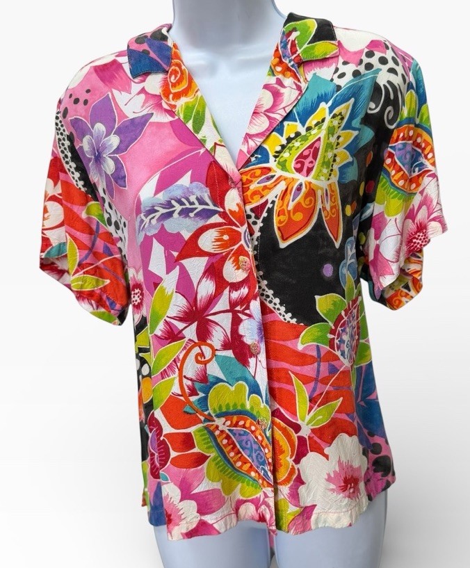 Vtg 80’s Jam’s World Hawaiian Floral Button Up Shirt Size L/XL Collar Bright