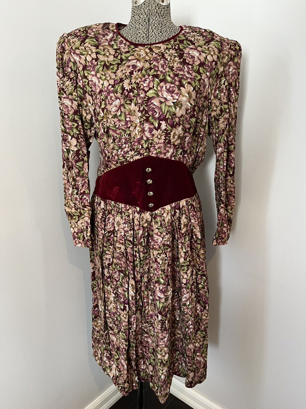 Vtg 80s Floral Dress Secretary Holiday Cinch Waist Miss Dorby Velvet Cottage 16