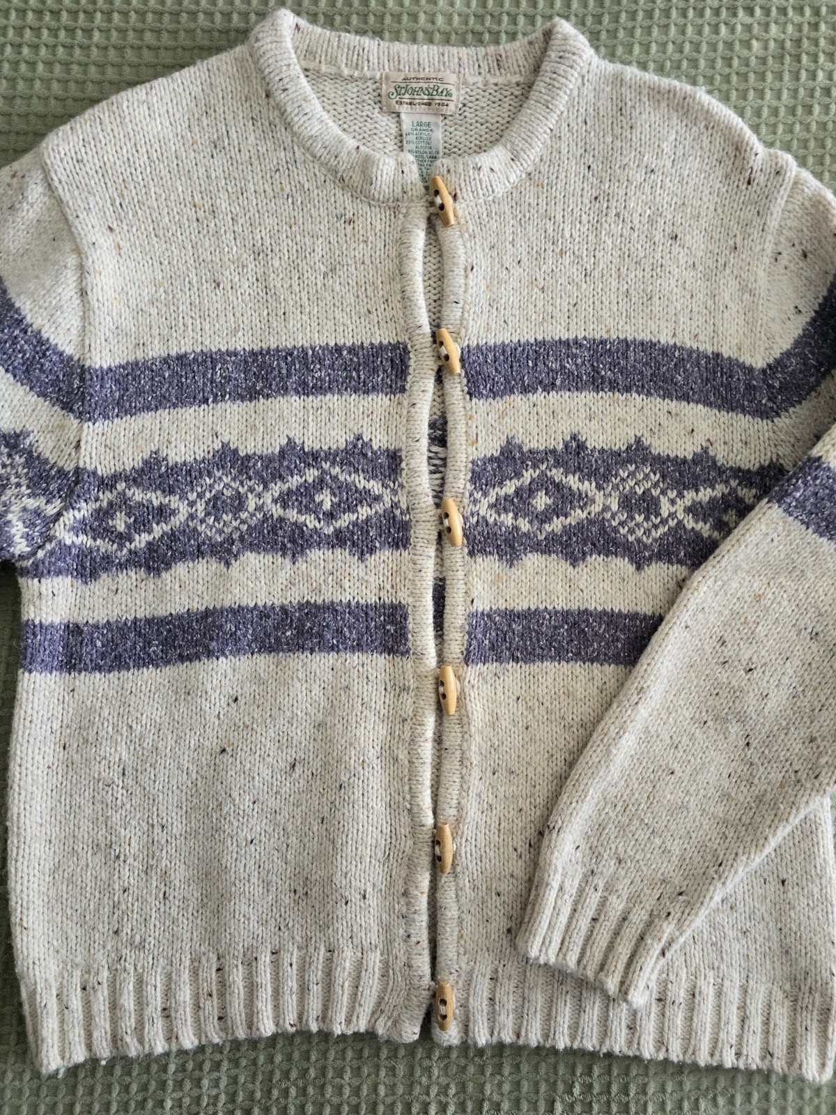 VTG St Johns Bay Cardigan Sweater Woman L Cottagecore Wood Toggle Button Cream