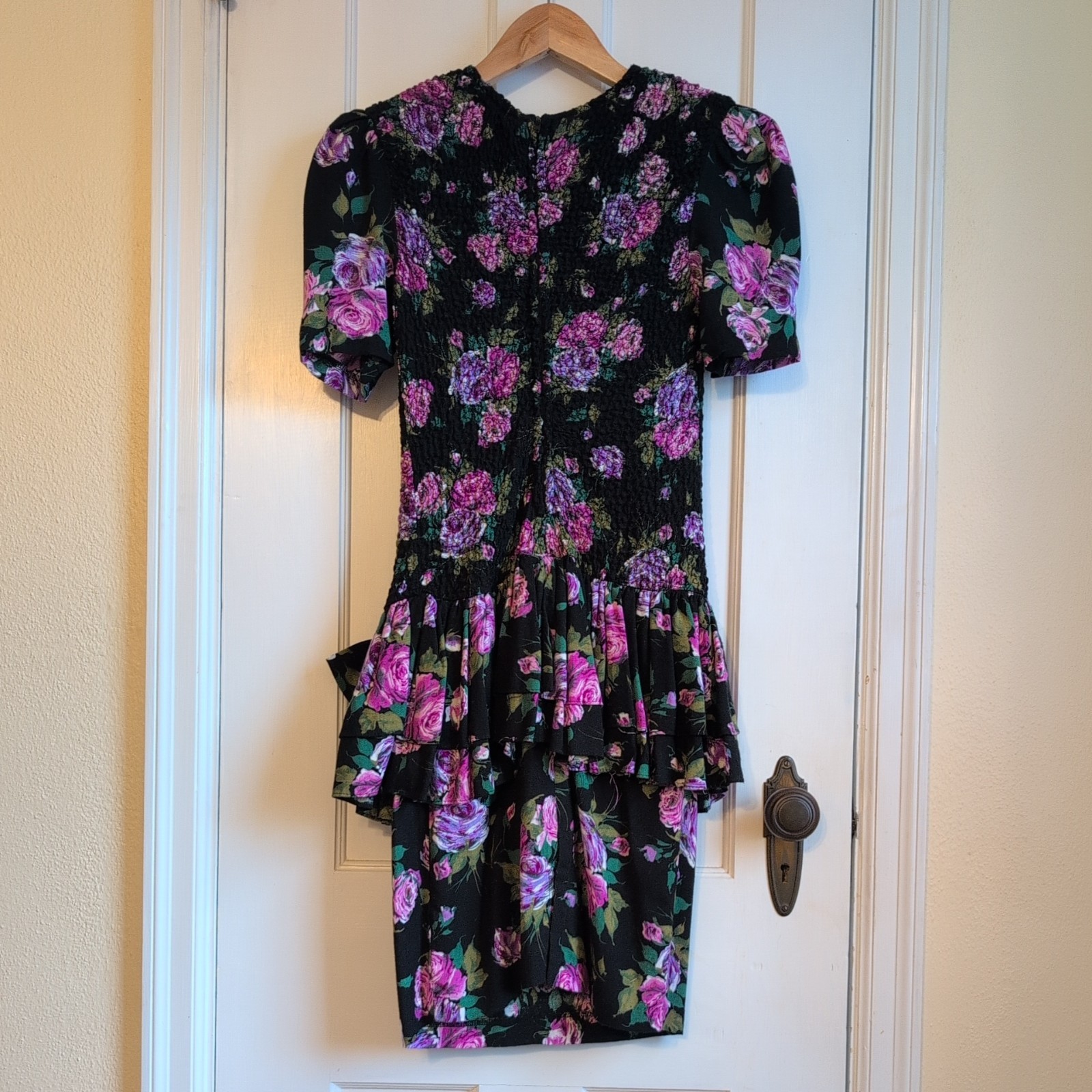 VTG Expo 90s Dress Women 2 Romance Floral Cottagecore Smocked Puff Sleeve Ruffle