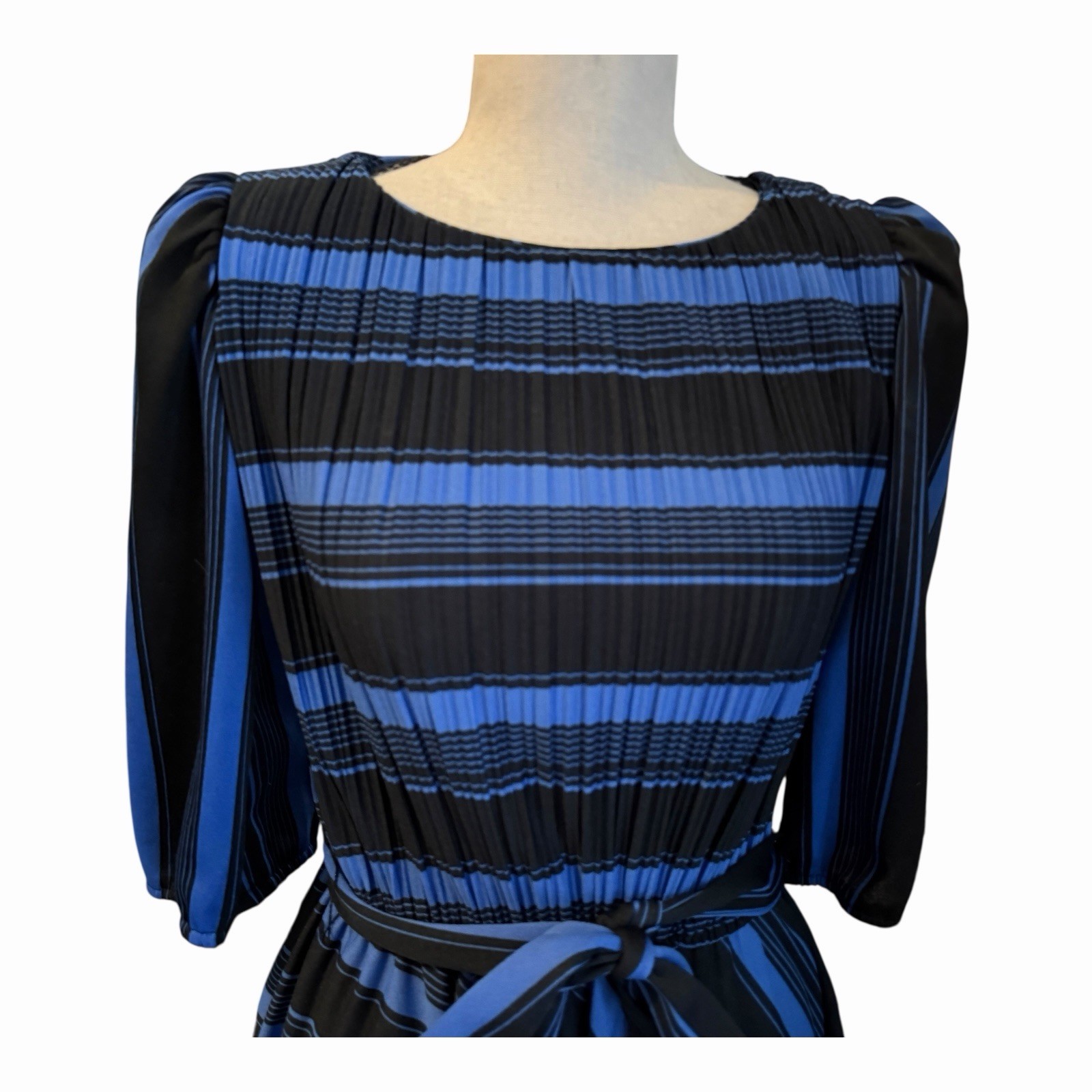 Vintage 70s S.L. Petites Blue Black Striped Tie Waist Midi Dress Made in USA S/M