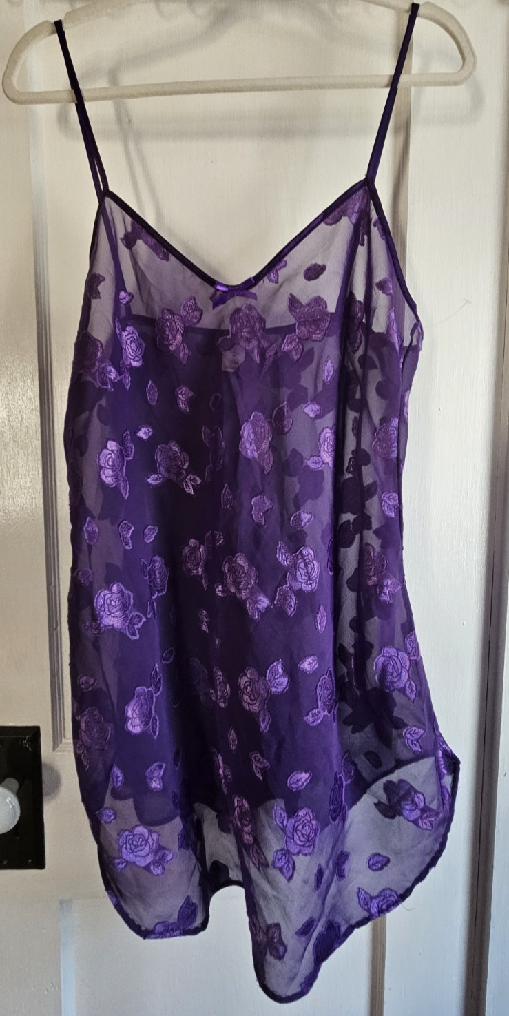 Vintage Petra Fashions babydoll night gown mini slip sheer purple lace Sz L