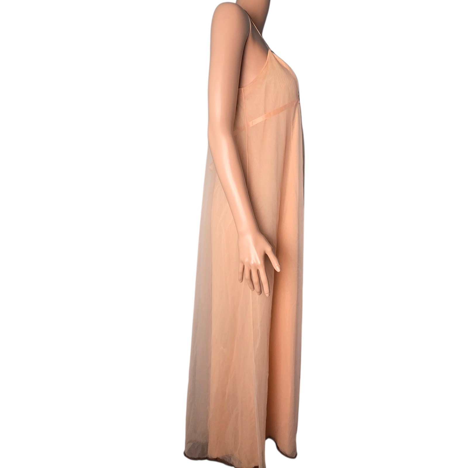 Vintage Vanity Fair Peach Nylon Nightgown Sheer Lace Overlay Empire Waist 34