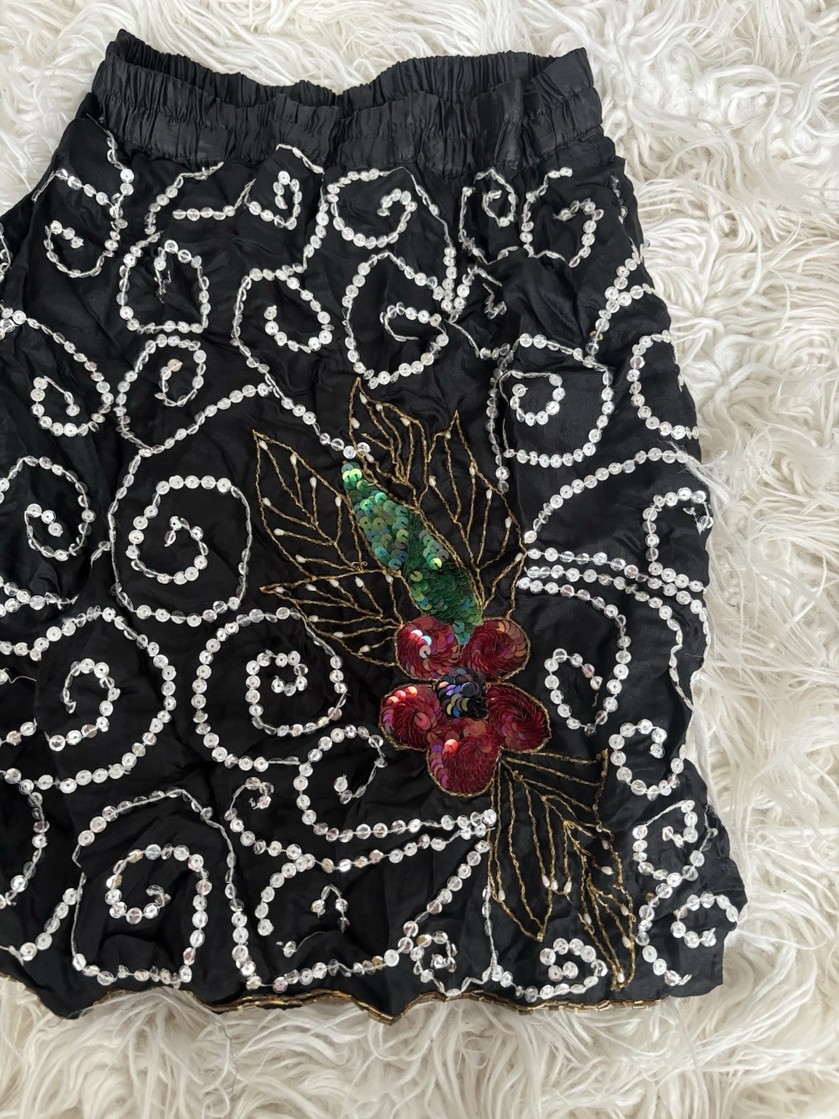 NWT VTG Tina Black Sequin Beaded Bubble Skirt Floral Applique Small 80s 90s