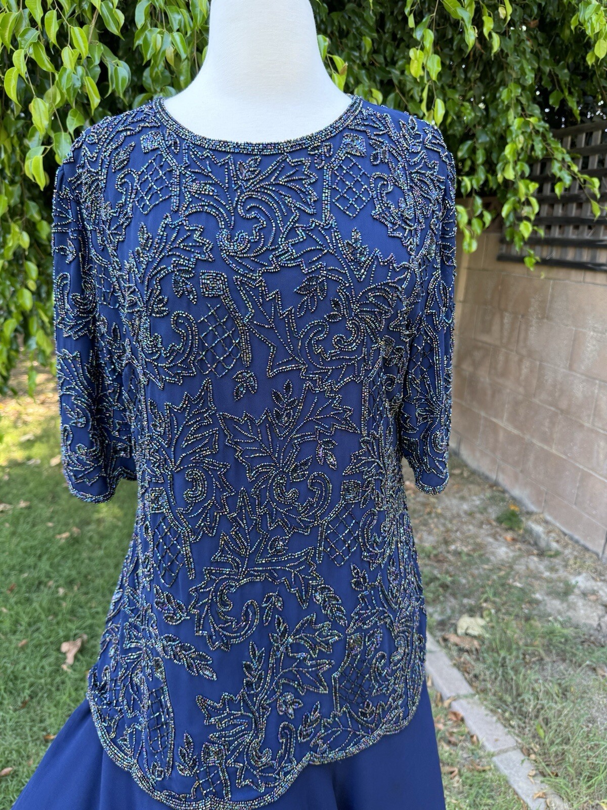 vtg 80/90’s Channa Navy Blue Beaded Mother Of Bride Dress L/XL Chiffon Wedding