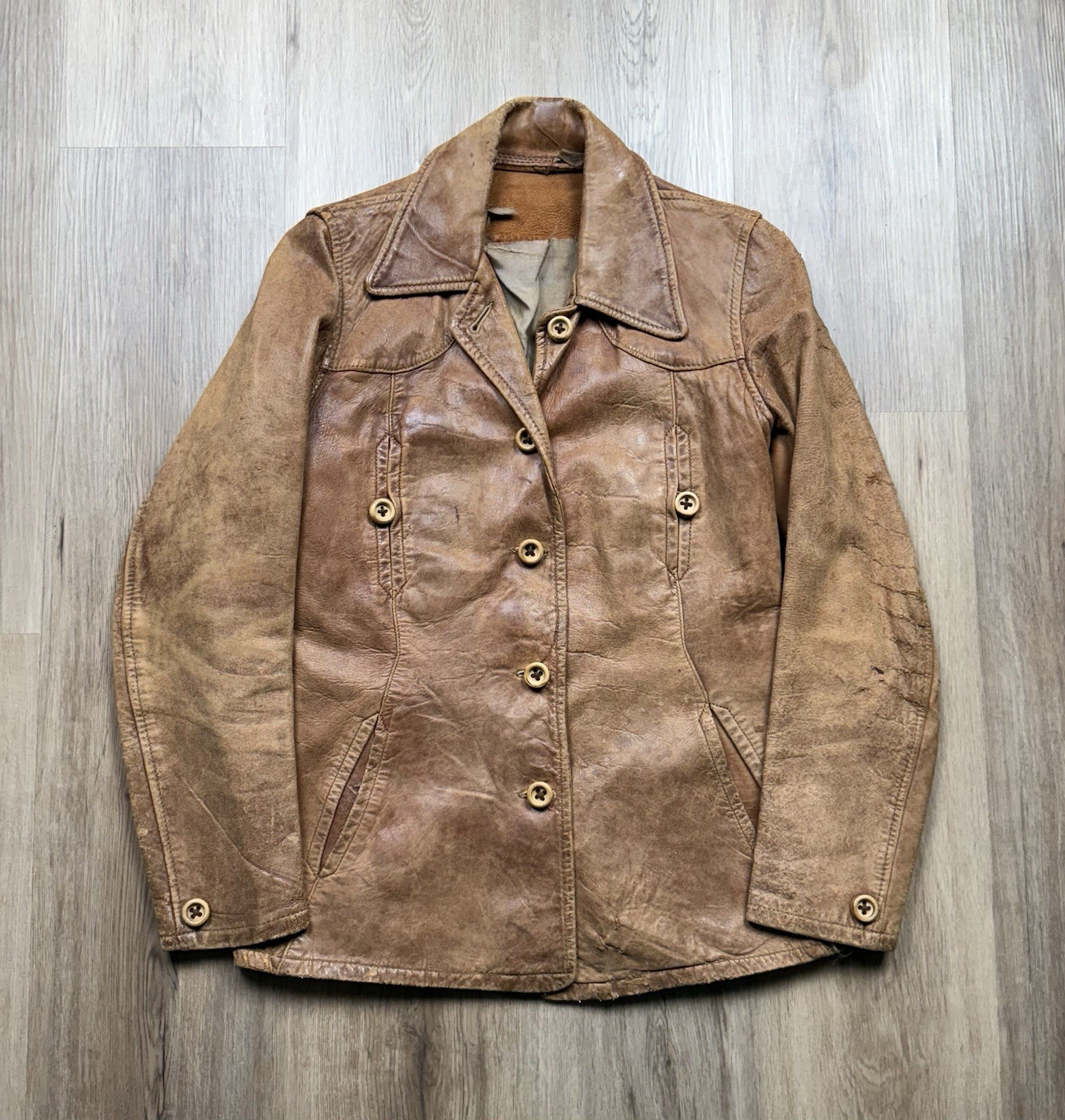 30s VINTAGE Brown Leather Belt Back Jacket Distressed Worn In Size XS/S Womens