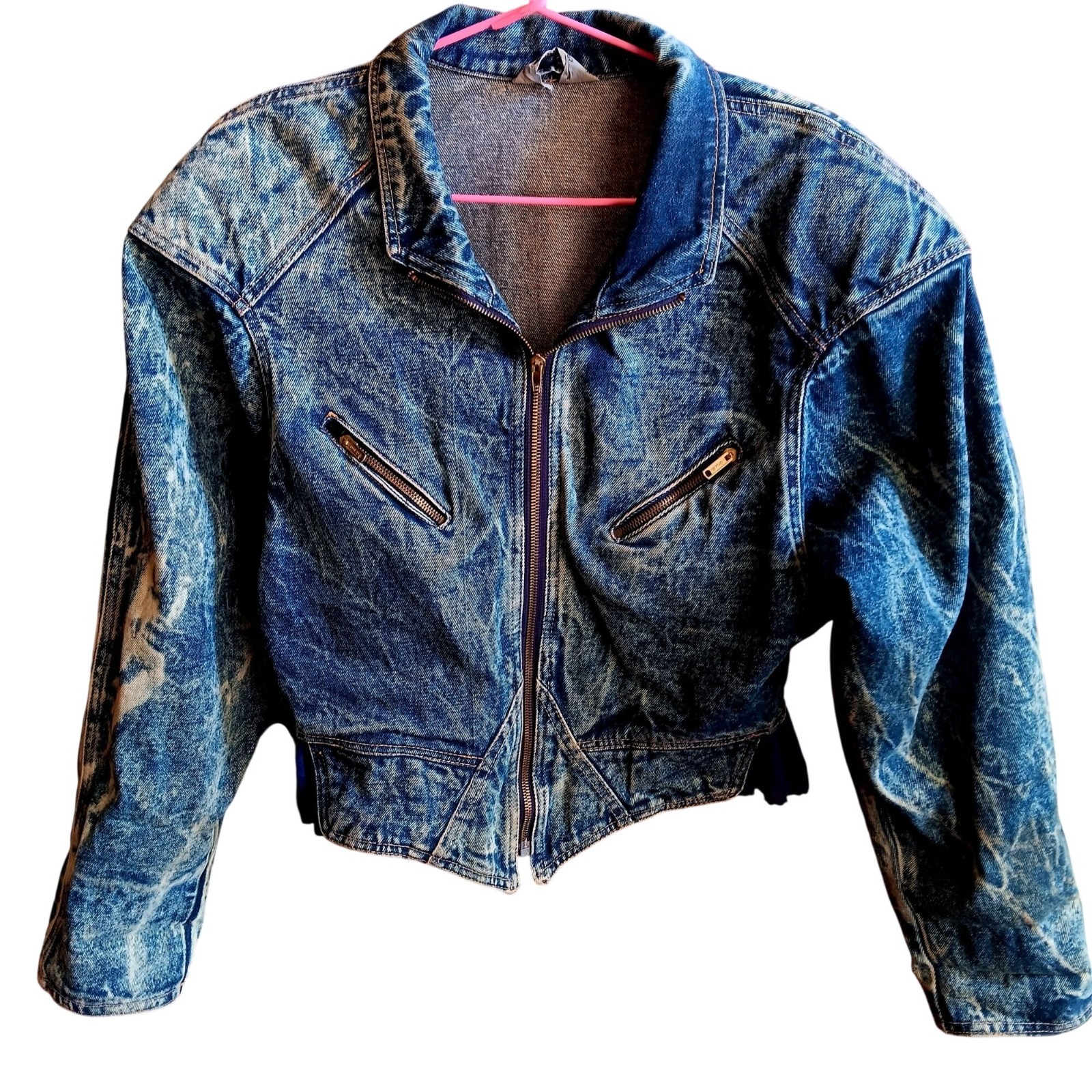 Vintage 80’s Medium Acid Wash Denim Jacket Biker Zippers Bolero Padded Shoulders