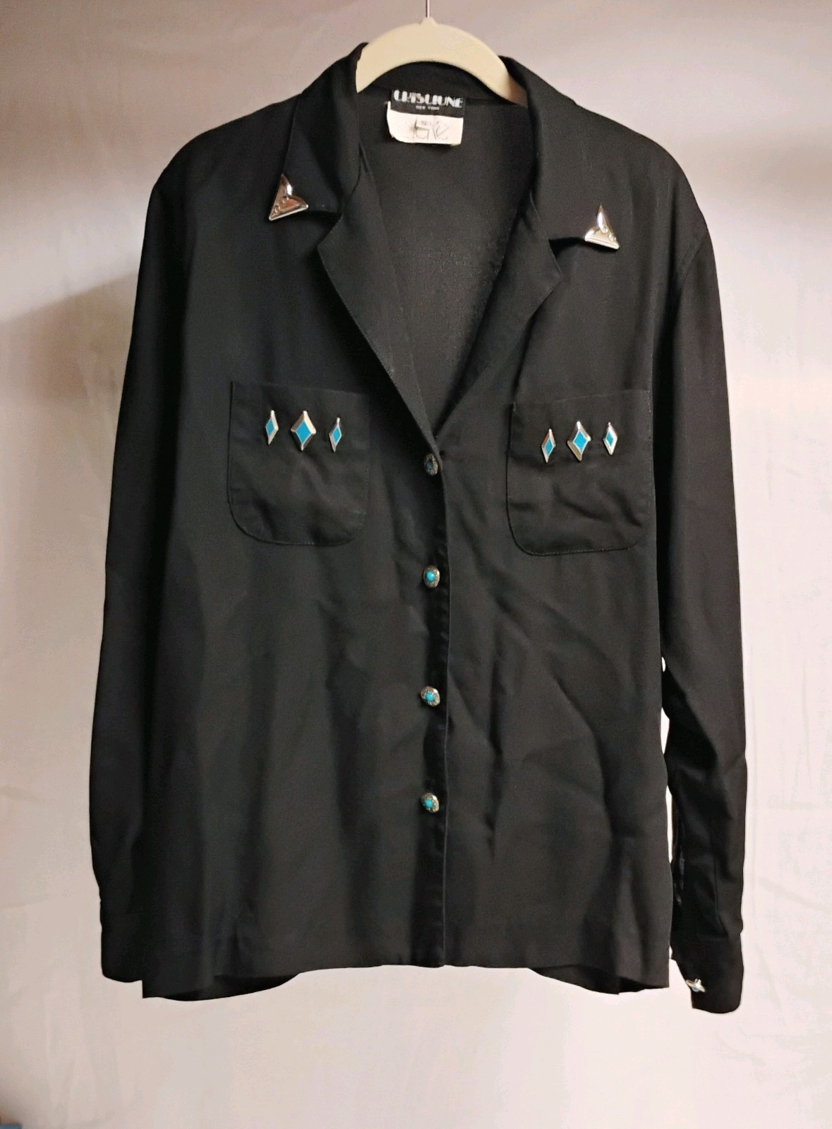 Vintage Criscione New York Cache Western Turquoise Studded Black Blouse Women S