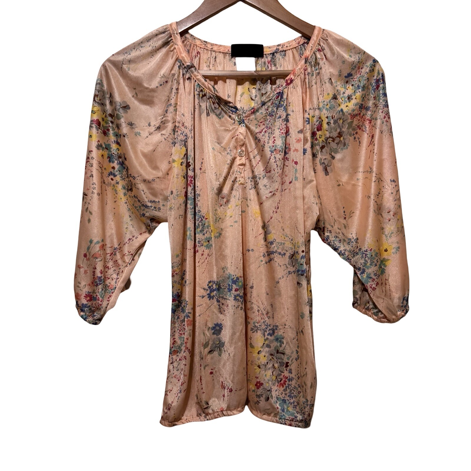 Vintage 70s Peasant Blouse Nylon Peach floral size Small Disco Hippie