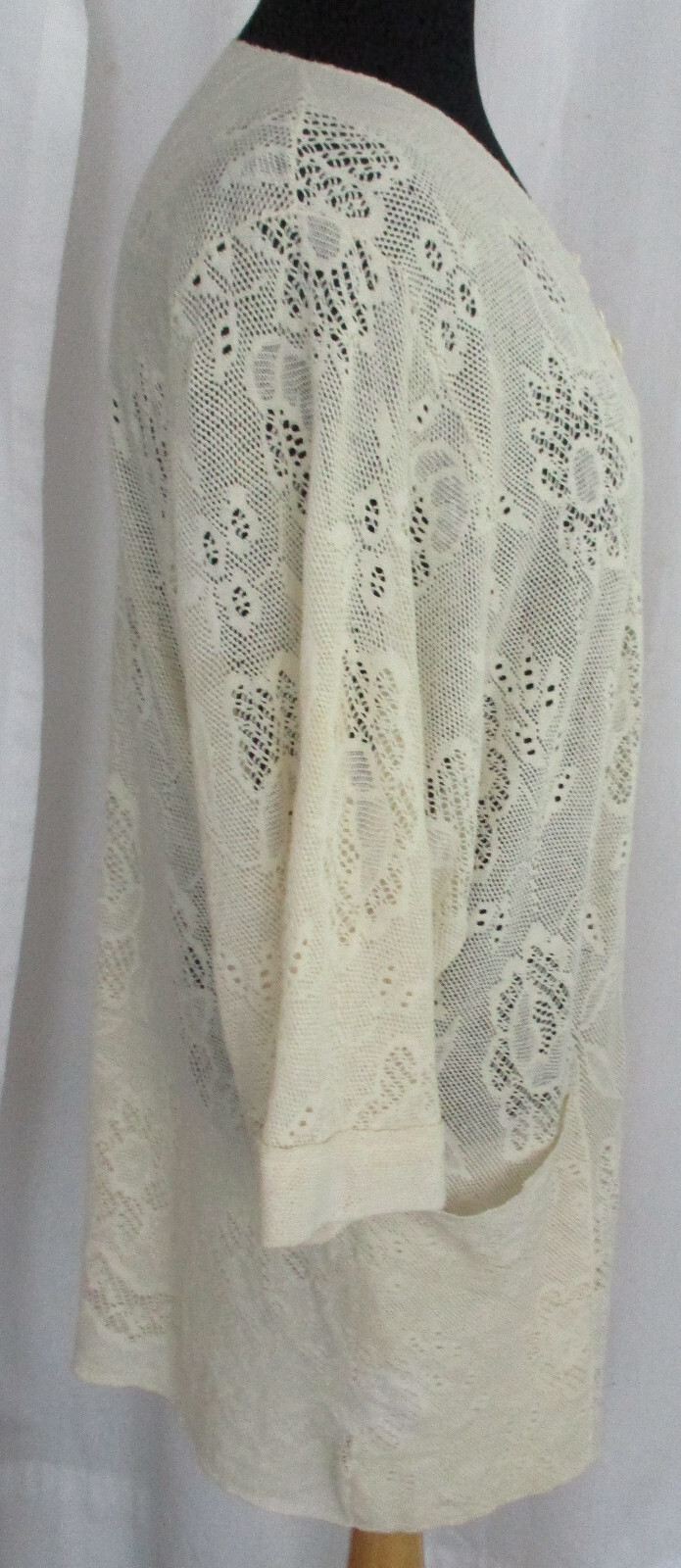 VTG Lace MED Crocheted Open Front Jacket Light Coverup w/ Pockets Made in France