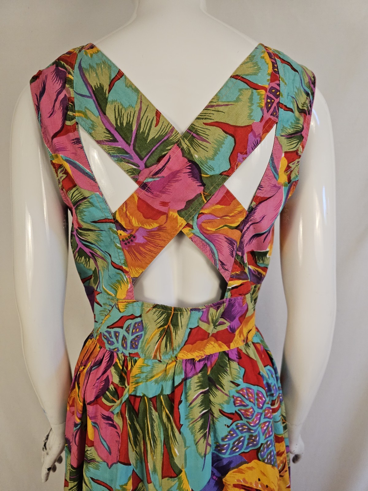 90s Vintage Dress Peek Hole Back Tropical Print Button Front Flare Pockets M