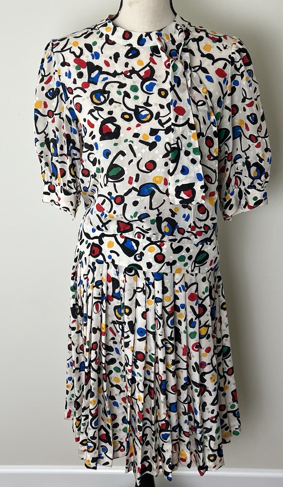 Vtg 80s HORCHOW Geometric Dress Size 4 Silk Pouf Sleeves