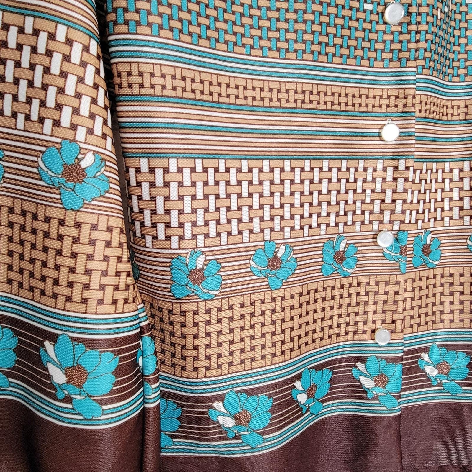 Vintage 1970s Blouse Shacket brown aqua Sz M pop art floral mod hippie