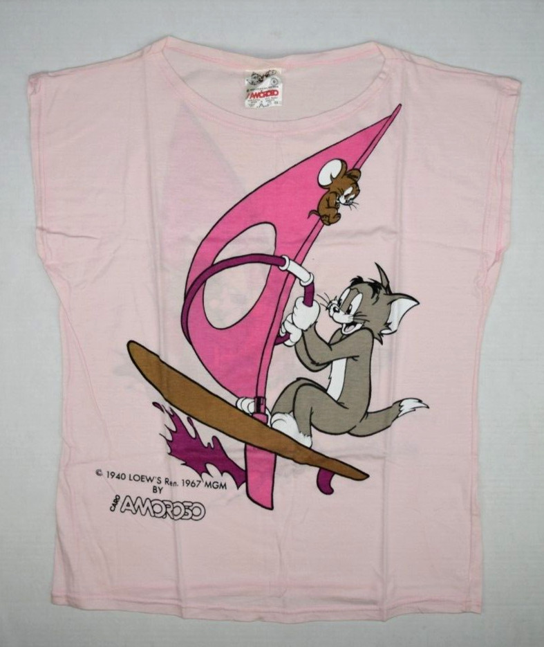 Vintage T-Shirt Amoroso Size S 80s 90s Pink Tom and Jerry Windsurf Double Sided