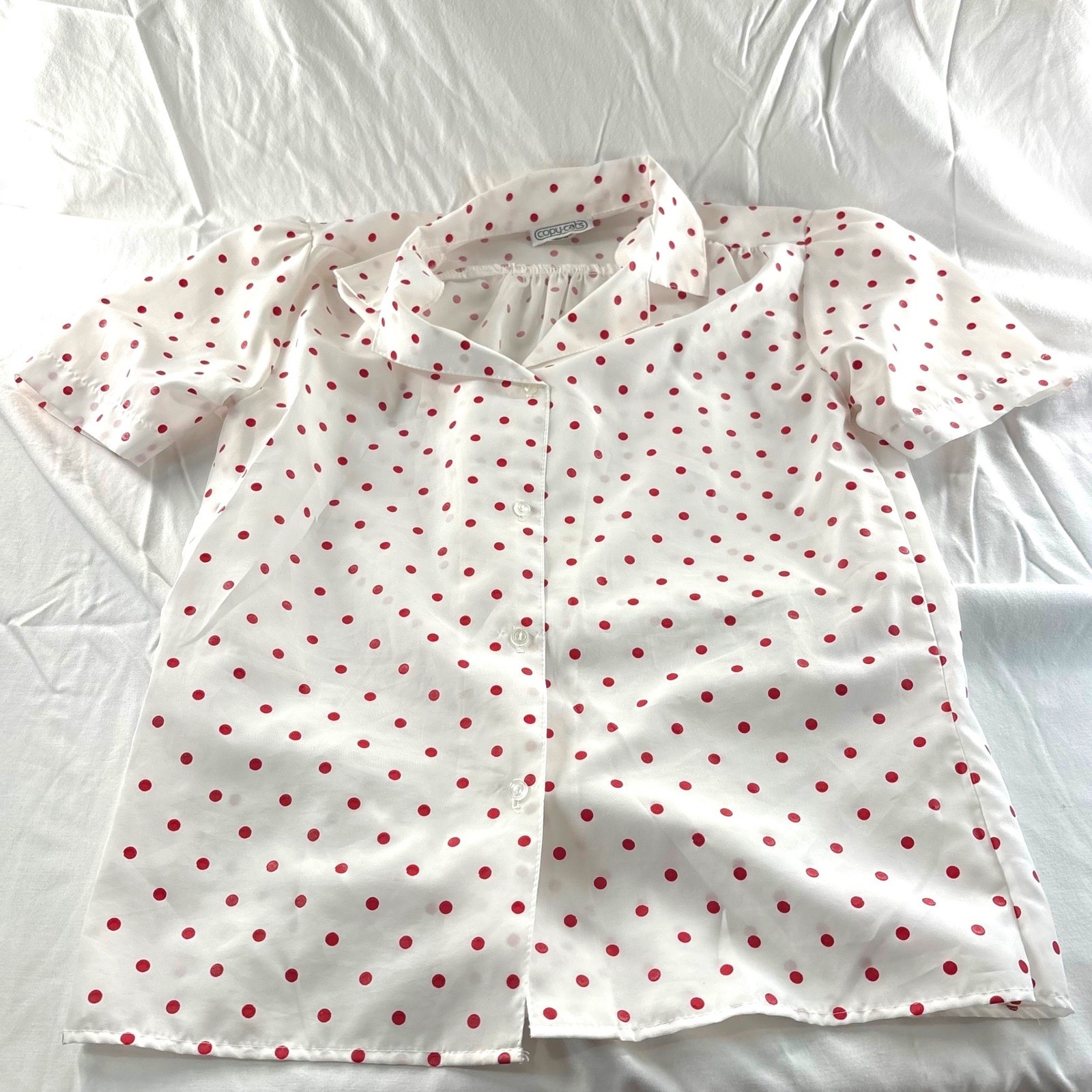 Vintage Copy-Cats Red Polka Dot White Short Sleeve Button Up Blouse Size 14 USA