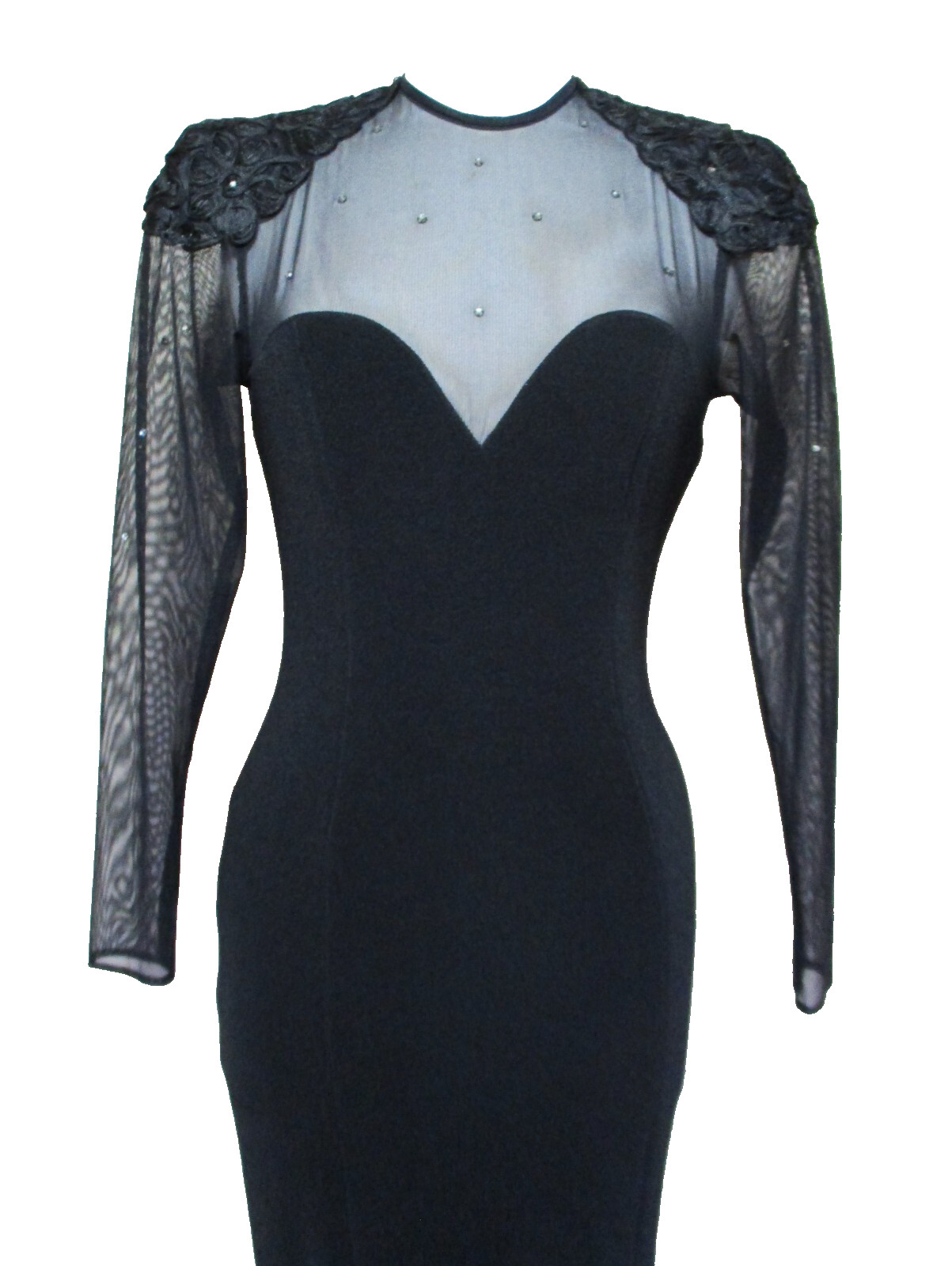 Vtg 80s HW Collection Black Bodycon Dress S Women Crystal Studded Illusion Top