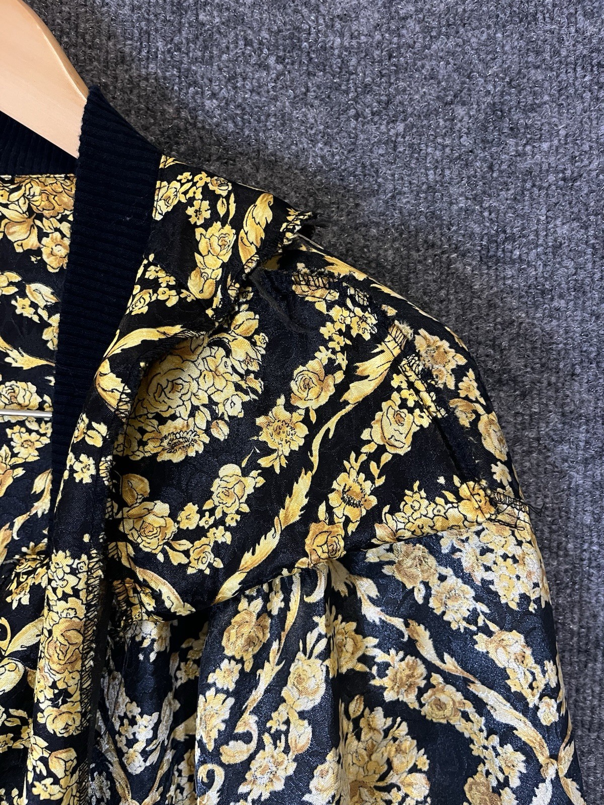 Vintage 80s 90s Papell Too Baroque Gold Floral Bomber Jacket Padded Shoulders