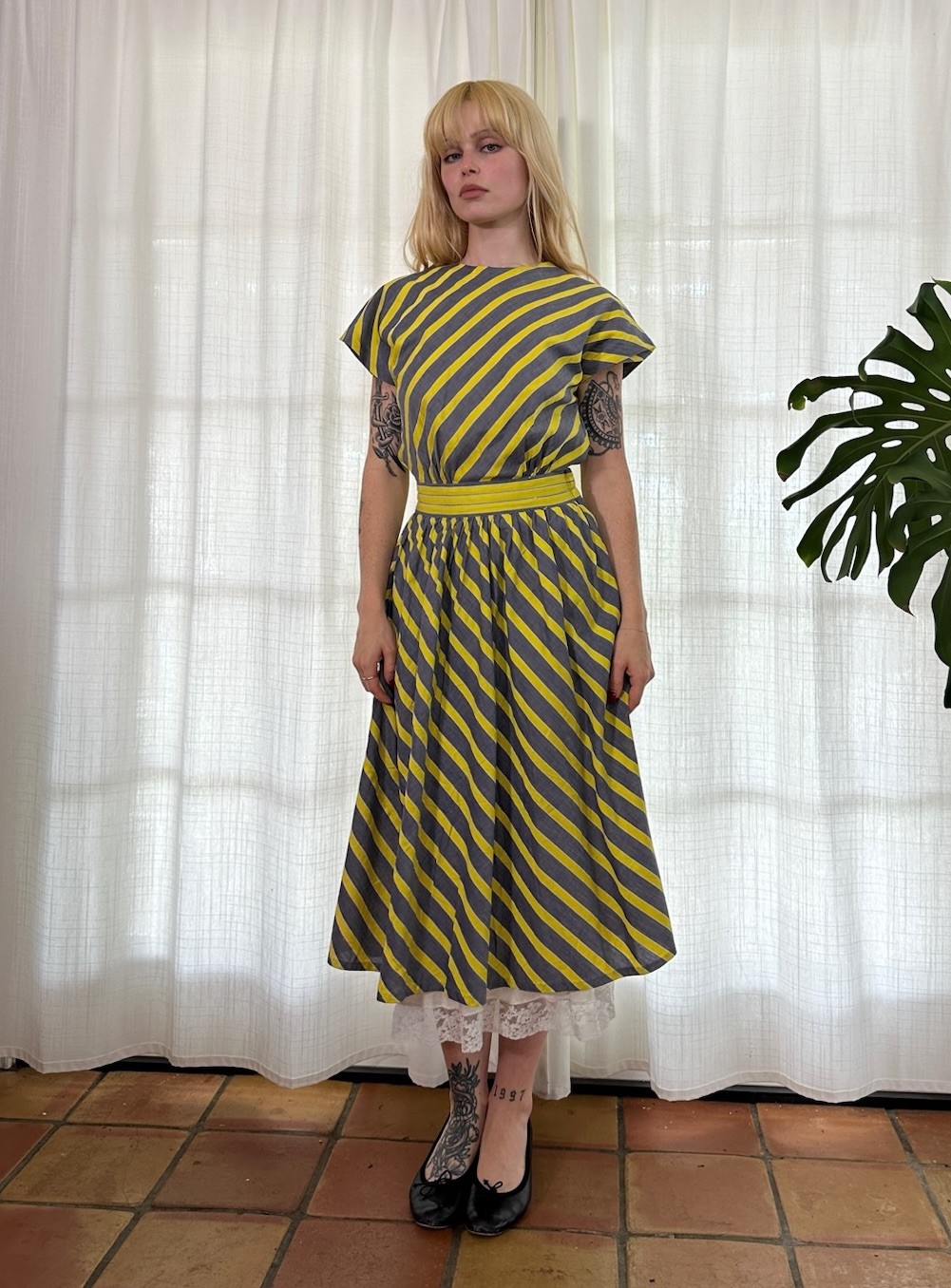 Vintage 1940s chartreuse striped day dress