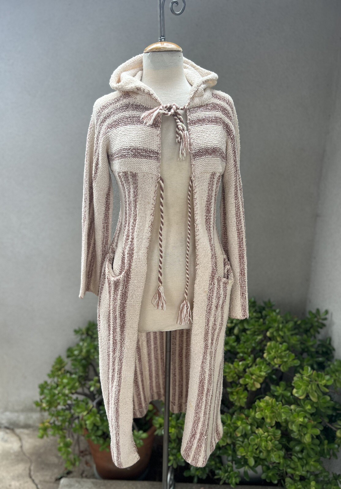 Vtg Boho Cardigan Long Duster Sweater S/XS Stripes Hood Pockets International