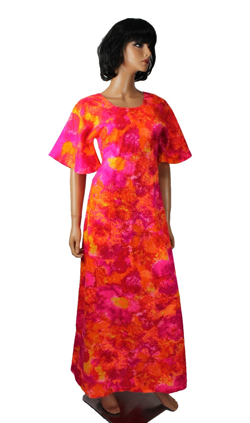 70s Hawaiian Maxi Dress Sz XS Vintage Bright Orange Pink Floral Long Cotton Mumu