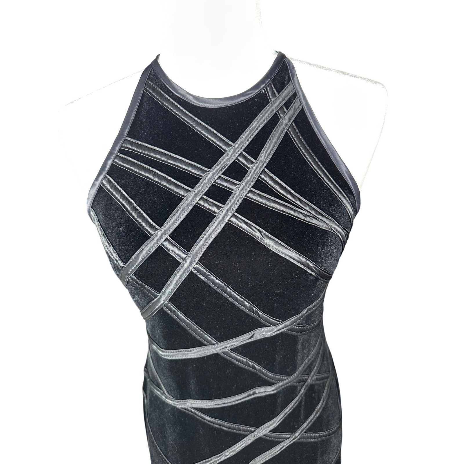 Cache Womens Vintage 90s Velvet Halter Maxi Dress Small Black Lattice Goth Gown