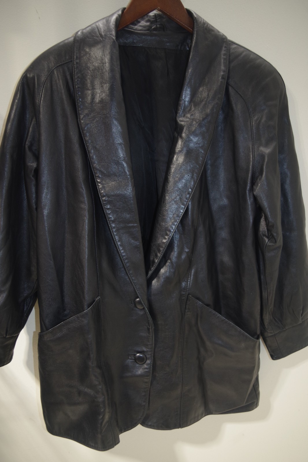 10B Vintage Womens M/L Black Leather Jacket Shawl Collar Raglan Coat