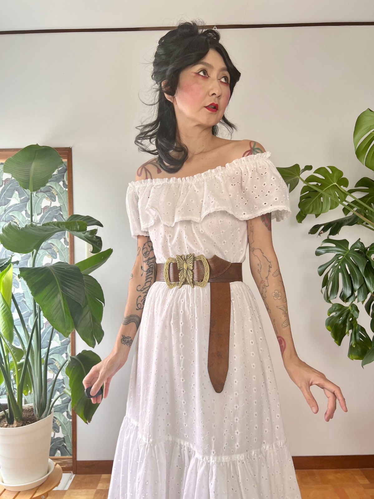 VTG 70s Lanz White Eyelet Lace Off Shoulder Ruffle Cotton Midi Prairie Dress S