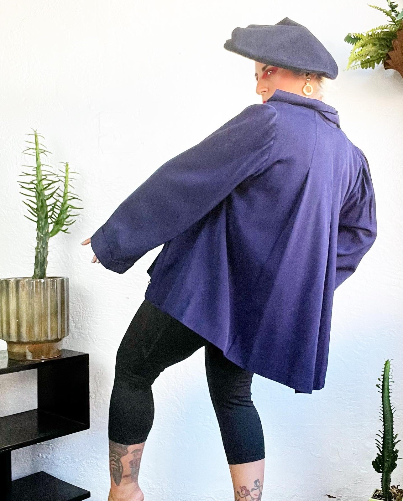 PLUS SIZE Navy Blue Wool GABARDINE 1940’s 40s Vintage Pleated Swing Jacket L Xl