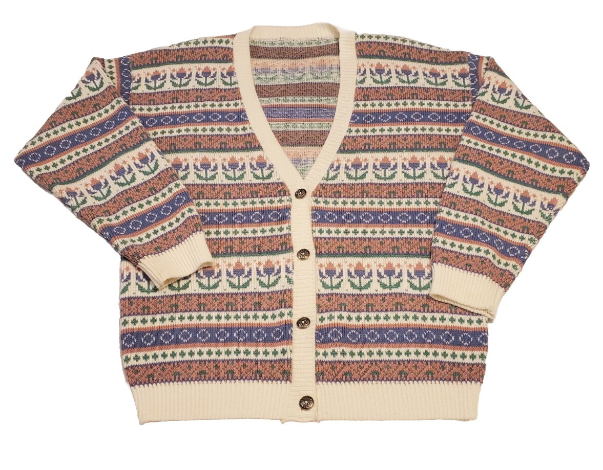 Vtg Easter Knit Womens Cardigan Tulip Pastel Cottagecore Grandma Knit Sz Large