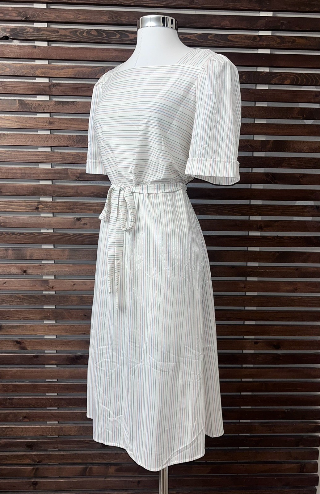 1970s Vintage White Pink Green Purple Striped Silver Metallic Tie Waist Dress