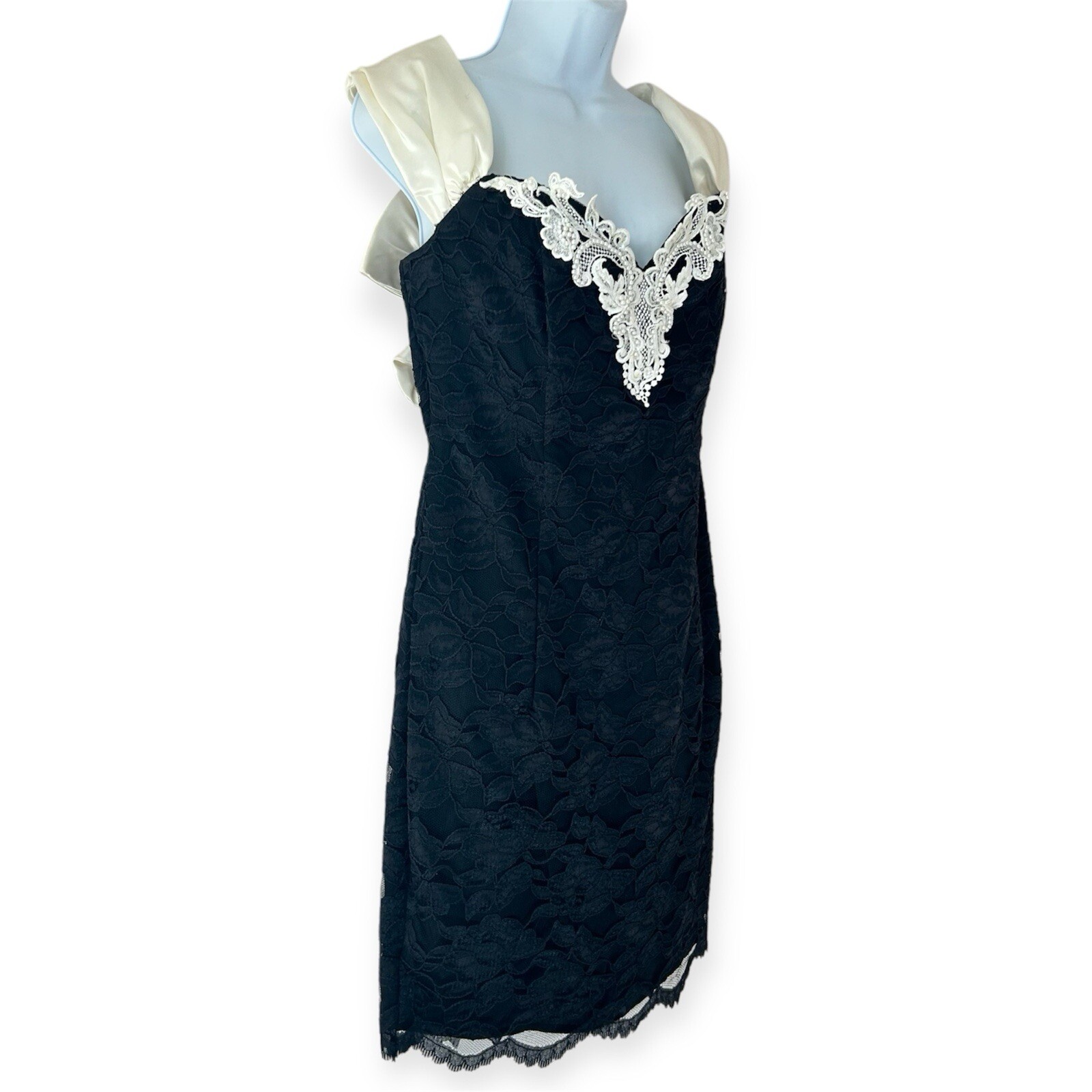 ROBERTA Vintage 90s Lace Beaded Bow Back Midi Prom party Formal Dress Size 9/10