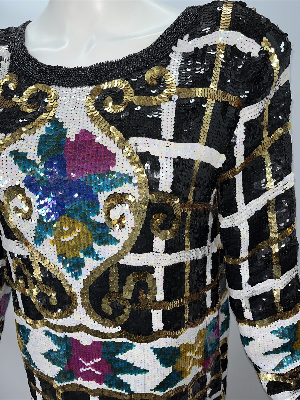 Vtg 80s Sequined 100% Silk Women’s M Jean for Joseph Le Bon Blouse Top Tunic