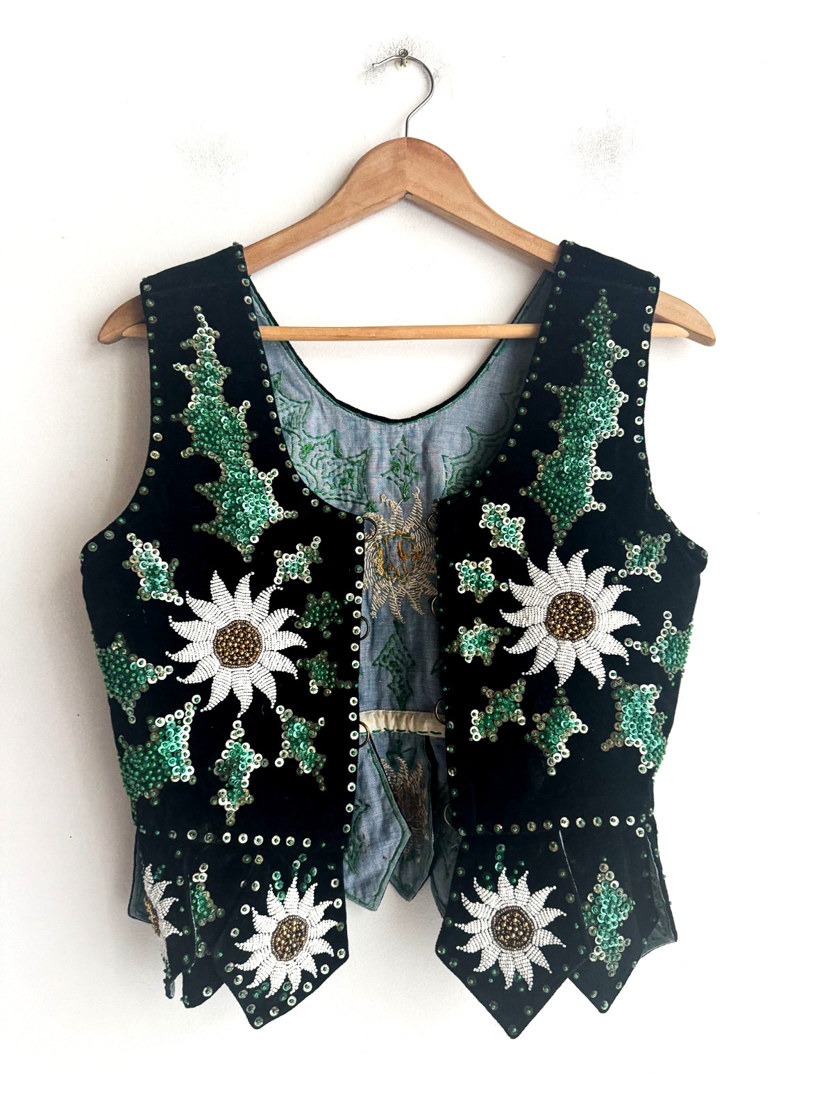 Vintage Handmade Polish Polk Goralski Costume Vest Velvet Beaded Floral S