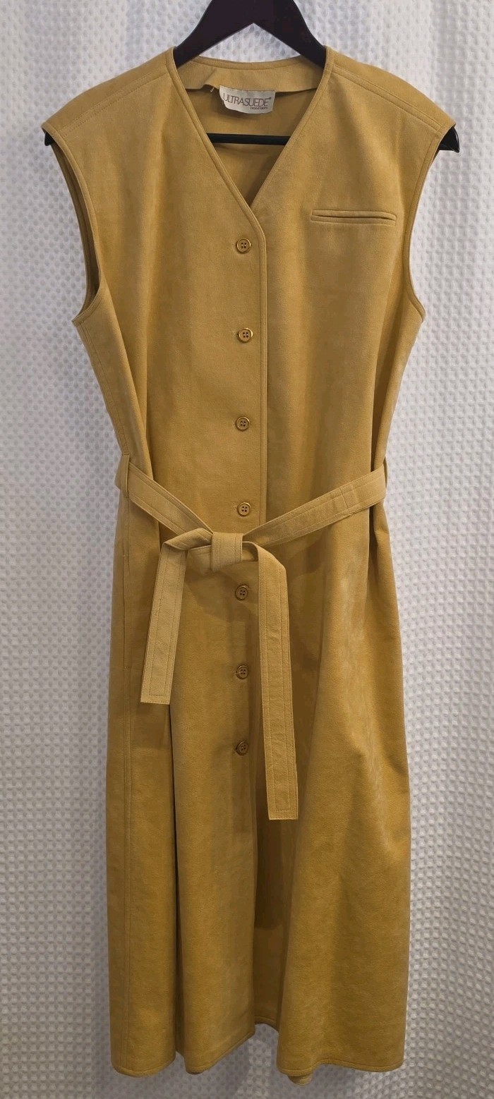 Vtg Rare Designer Count Romi Ultra Suede Midi Dress Tie Belt Beige XL Women 14