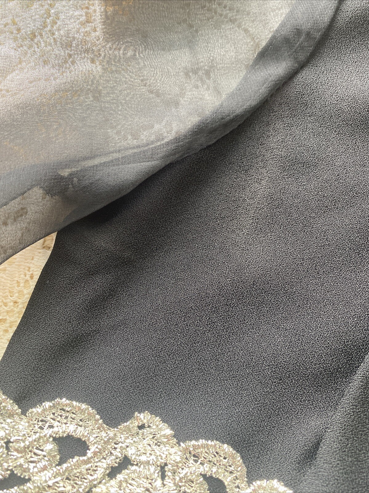 VTG Black Dress Silver Metallic Soutache Trim Sheer Sleeves Keyhole Neckline sz9