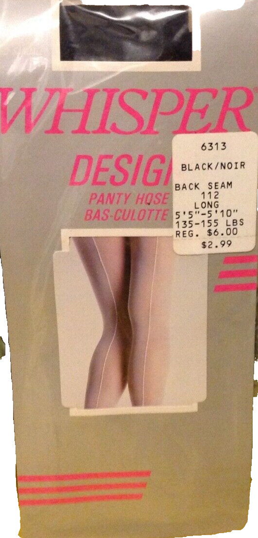 Vintage Pantyhose Whisper Desing Back Seam color Black 135-155 lbs