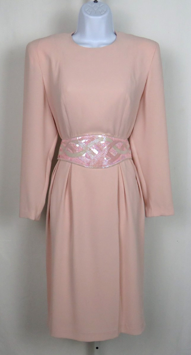 VINTAGE 1980s MS CHAUS DRESS SIZE 10 BEADED SEQUIN BELT MAUVE PLEATS LINED
