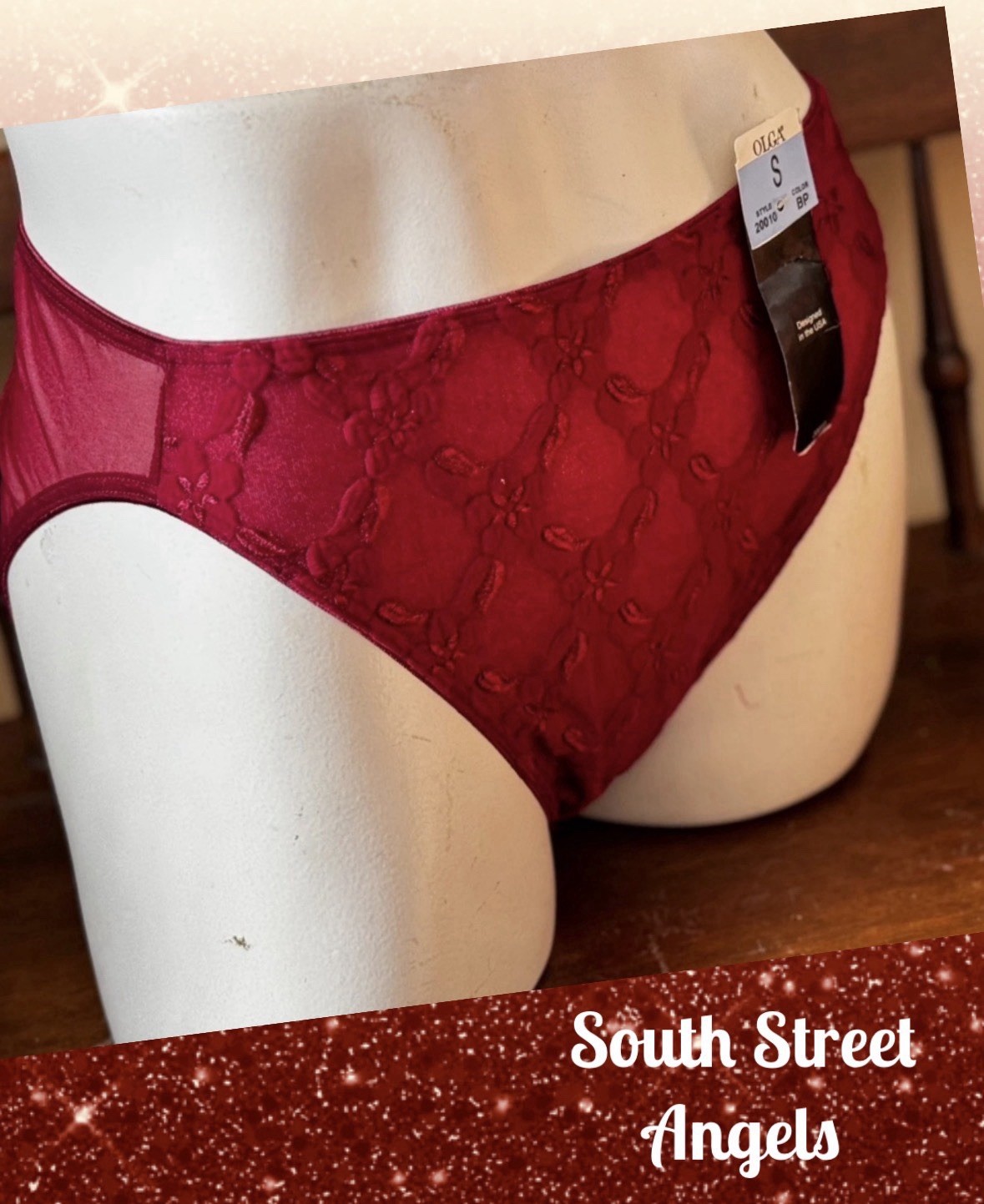 VINTAGE OLGA 20010 RED SEMI SHEER FLORAL EMBROIDERED SHIMMERY PANTIES SMALL