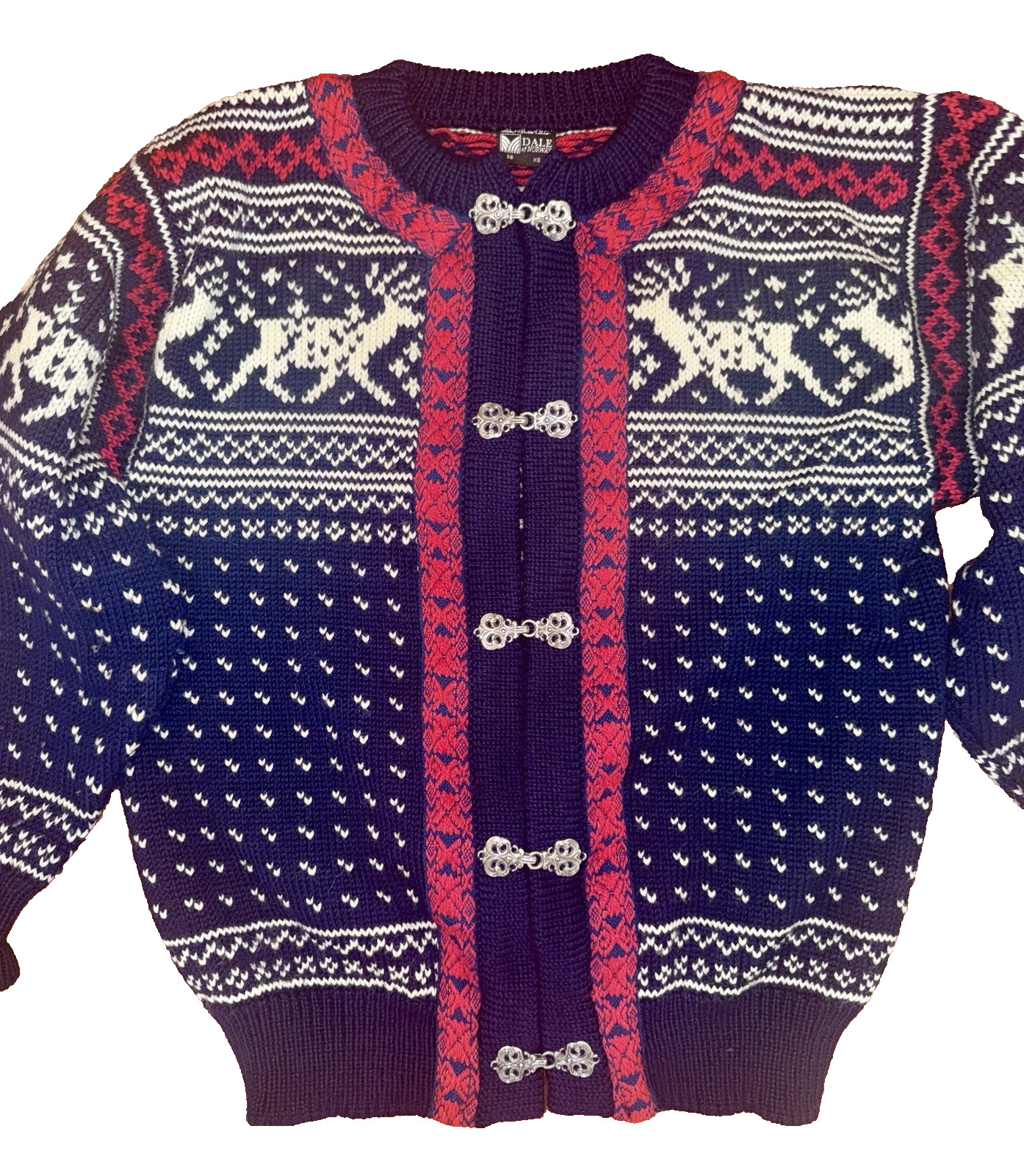 Vtg DALE of NORWAY Nordic SWEATER 100% Wool 1970s Sz 38 S Buckles CARDIGAN Cabin