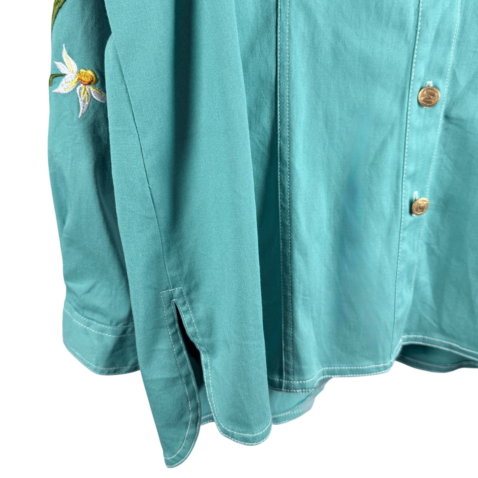 Bob Mackie Wearable Art Mint Green Embroidered Daffodil Denim Jacket Sz L NWOT