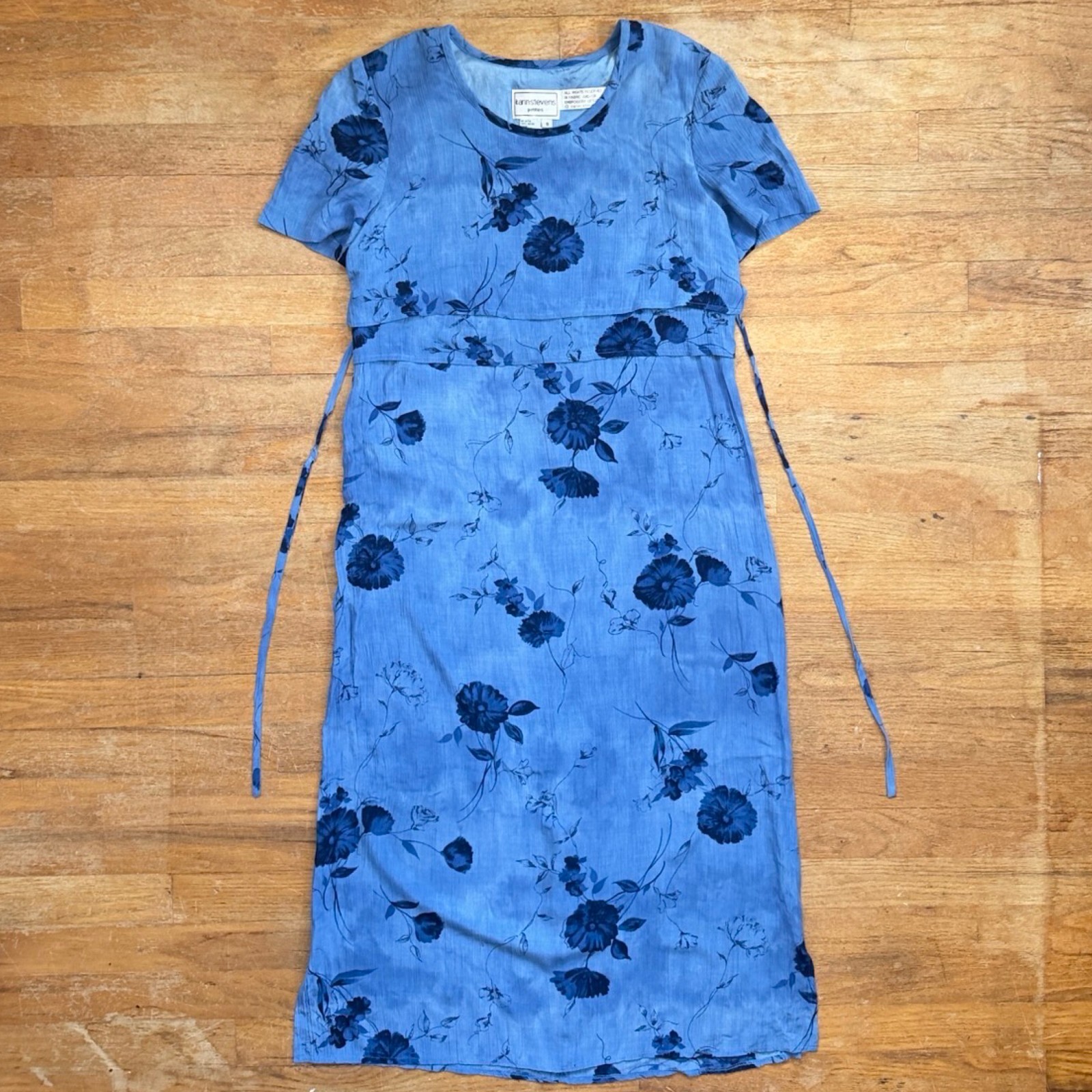 Vintage Blue Floral Print Midi Dress Size Medium 8 90s Tie Back Waist Sundress S