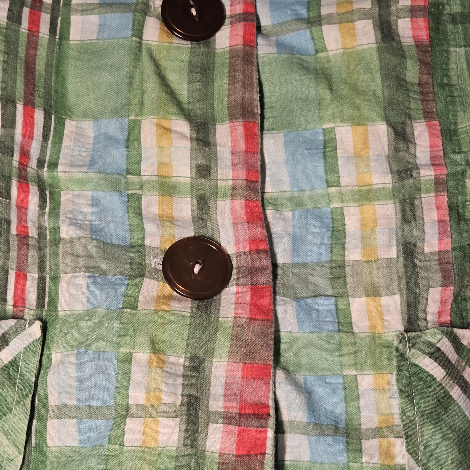 VTG Sears Fashions Shortsleeve Blouse Plaid Pastel Green Collared Cotton 70s 14