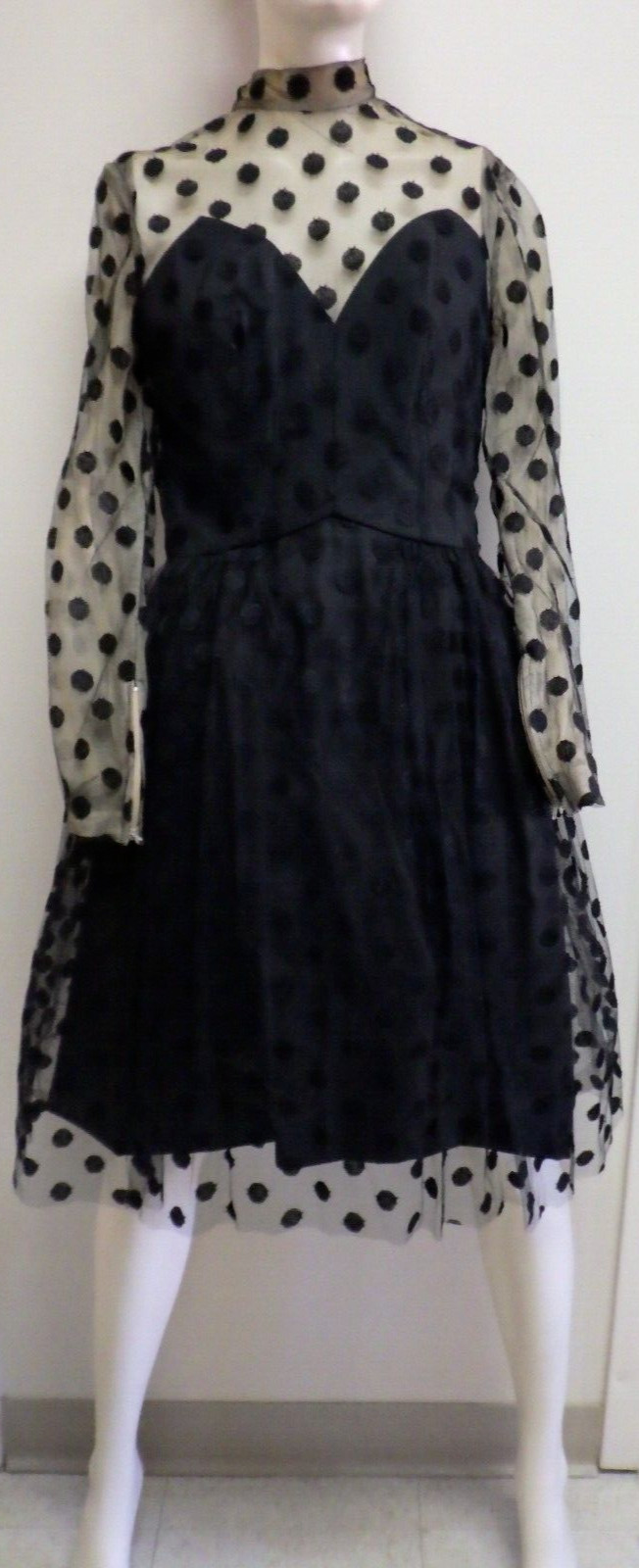 Tee-Ca of New York Vtg 1960s Black Dress Spotted Netting Prom Goth Cocktail Sz 6