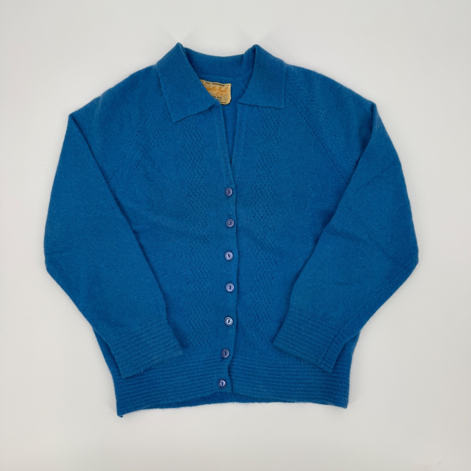 Vintage 60s 70s Loubella Knits Blue Pointelle Lambswool Fur Knit Sweater Collar