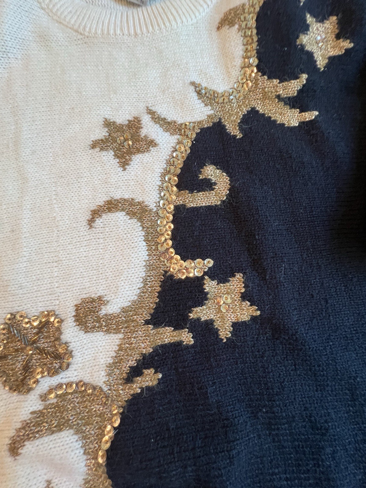 Vintage Alfred Dunner Sweater L Black Cream Gold Sequin 80’s Shoulder Pads Lrg