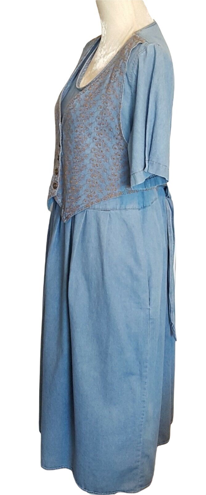 Vintage 80’s Dress 16P Petite Women’s Blue Chambray Cotton Attached Vest
