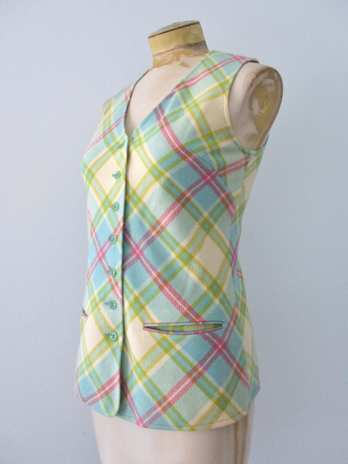 Vtg 60s Mod Blue Pink Green Plaid 2-Pc Bell Bottom Flare Leg Vest Pant Suit 7
