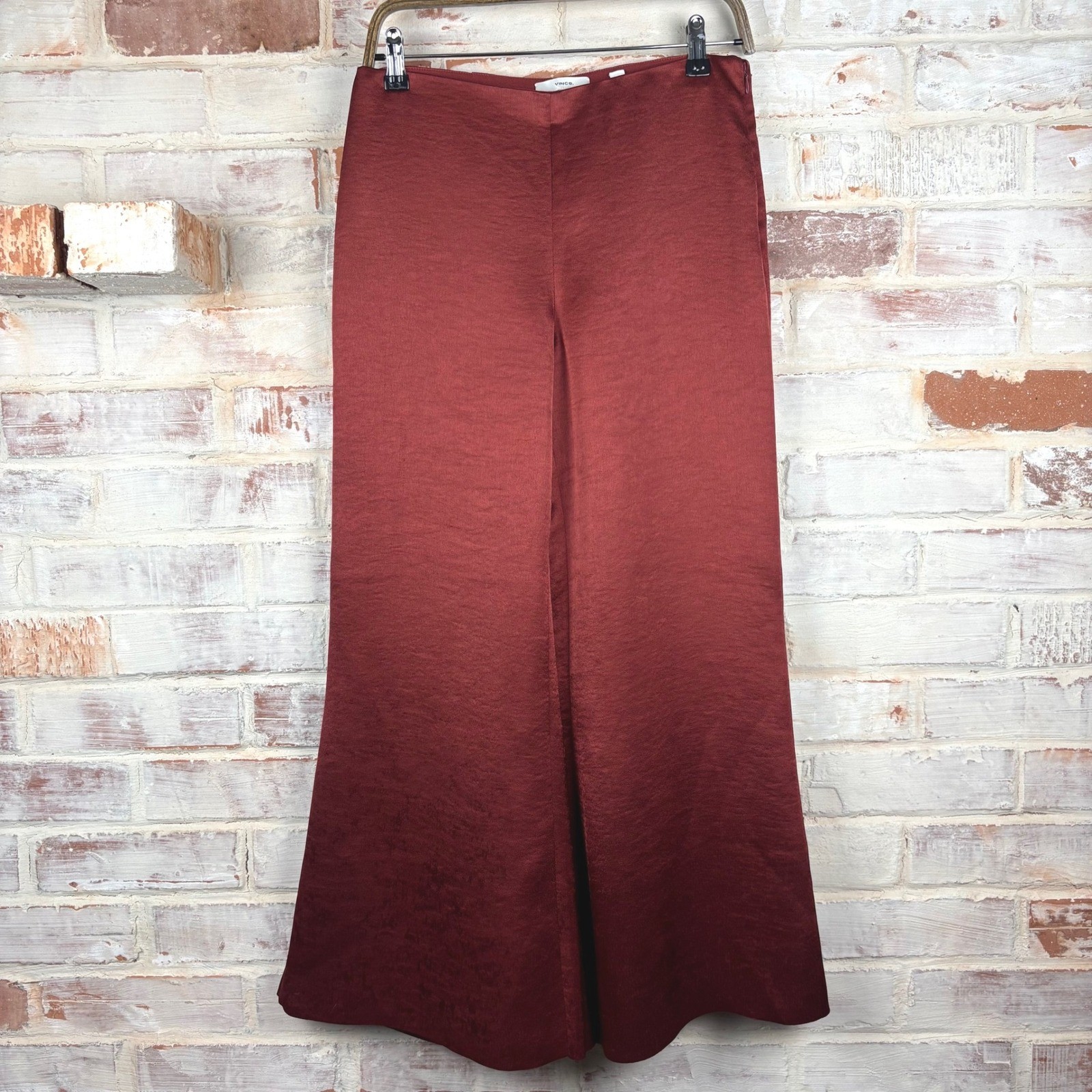 Vince Satin Wide Leg Pants Sz 4 Rust Red Flowy High Rise Flare Trousers Luxe Fit