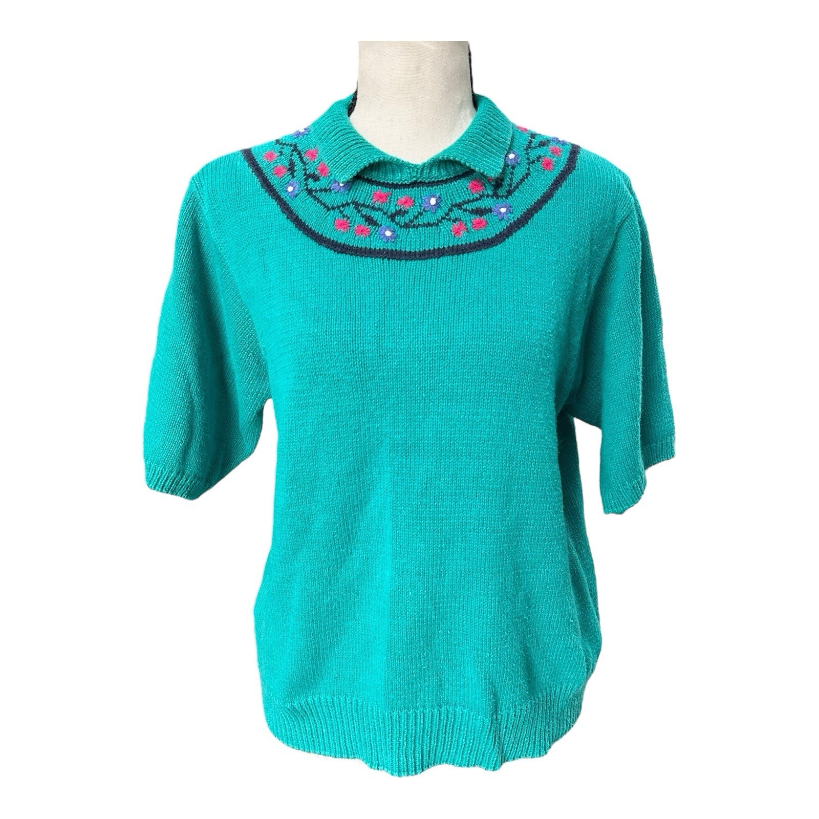 VTG 80s 90s Robert Scott Ltd Teal Knit Floral Embroidered Collared Sweater Sz M